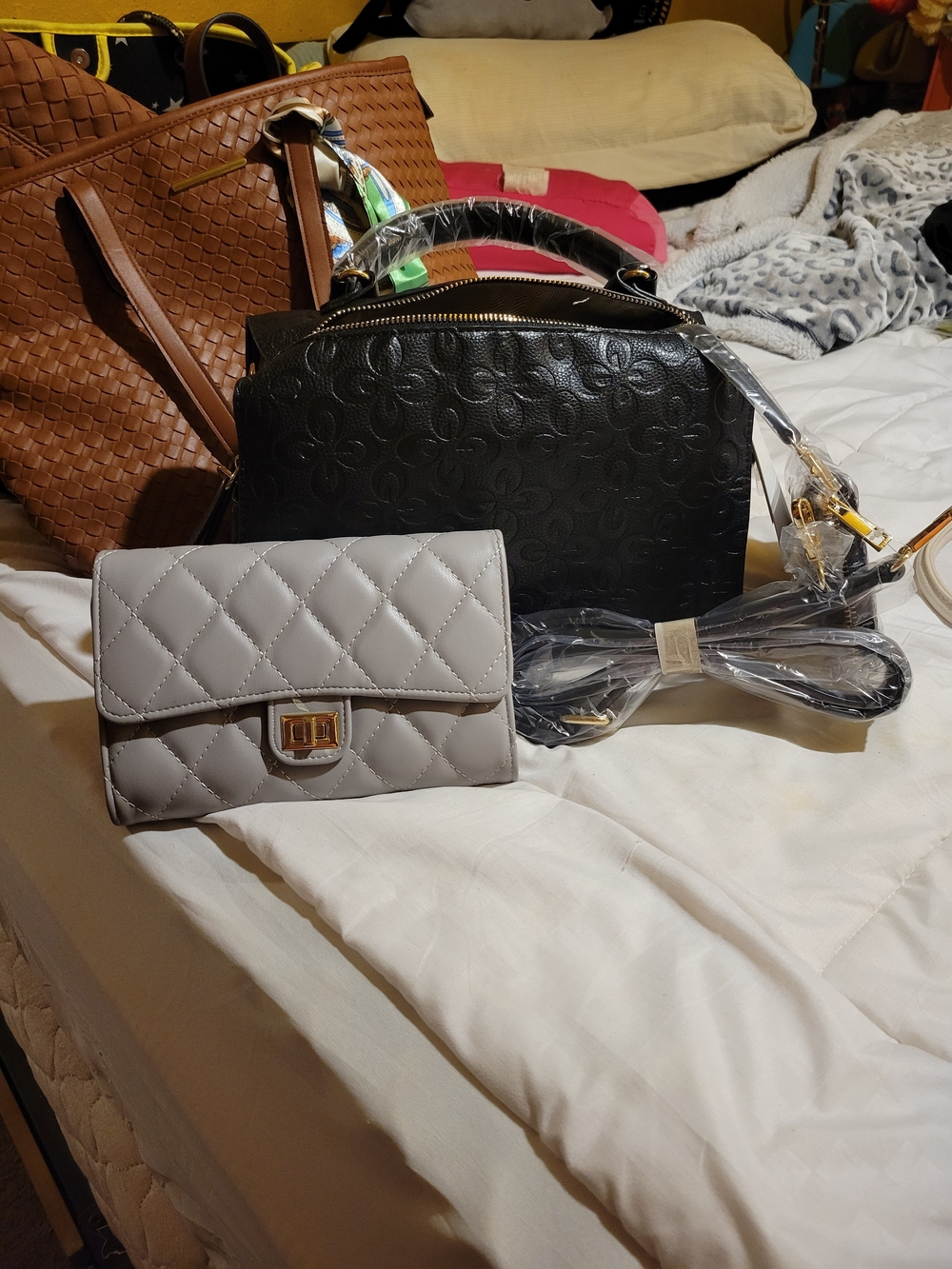 Black Quilted Dome Satchel with Light Gray Quilted Wallet - Women Bags